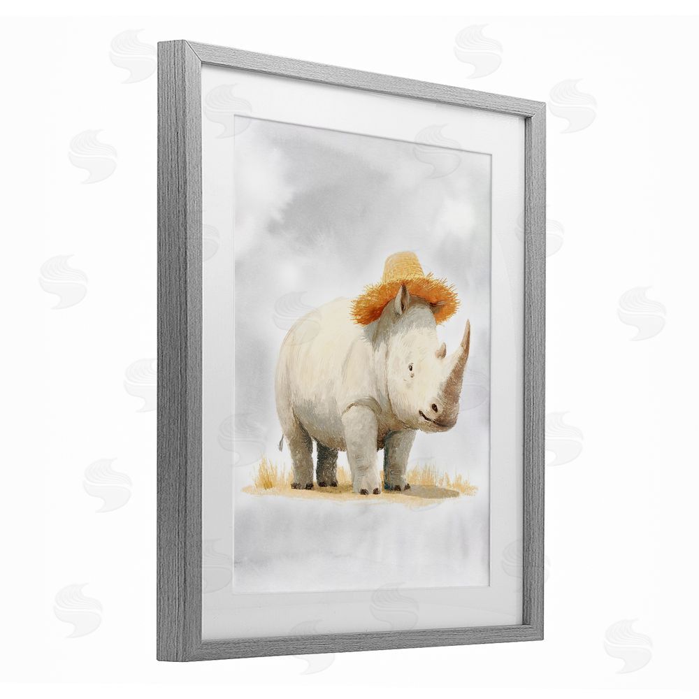 Ziwei Li Rhino in Straw Hat Gray Framed Print Under Glass Wall Art