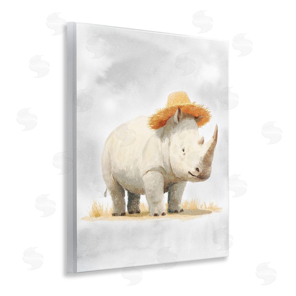 Ziwei Li Rhino in Straw Hat Wooden Wall Plaque Art Print