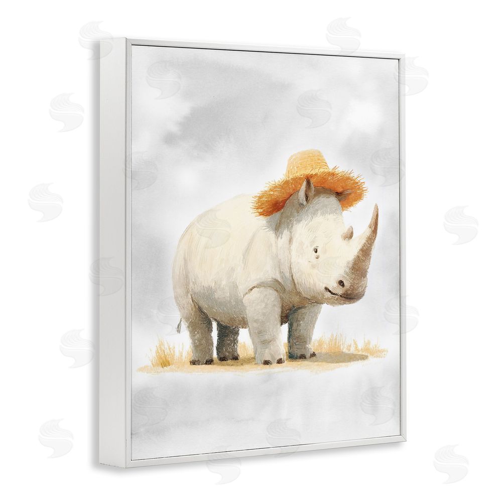 Ziwei Li Rhino in Straw Hat White Framed Giclee Wall Art Print
