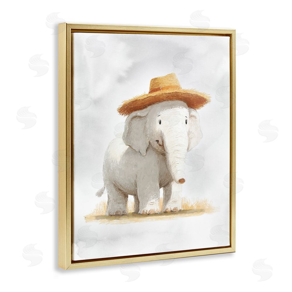 Ziwei Li Elephant In Straw Hat Gold Floating Frame Canvas Wall Art Print