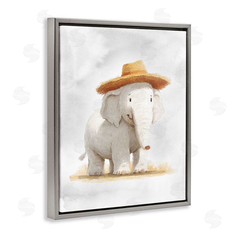 Ziwei Li Elephant In Straw Hat Gray Floating Frame Canvas Wall Art Print