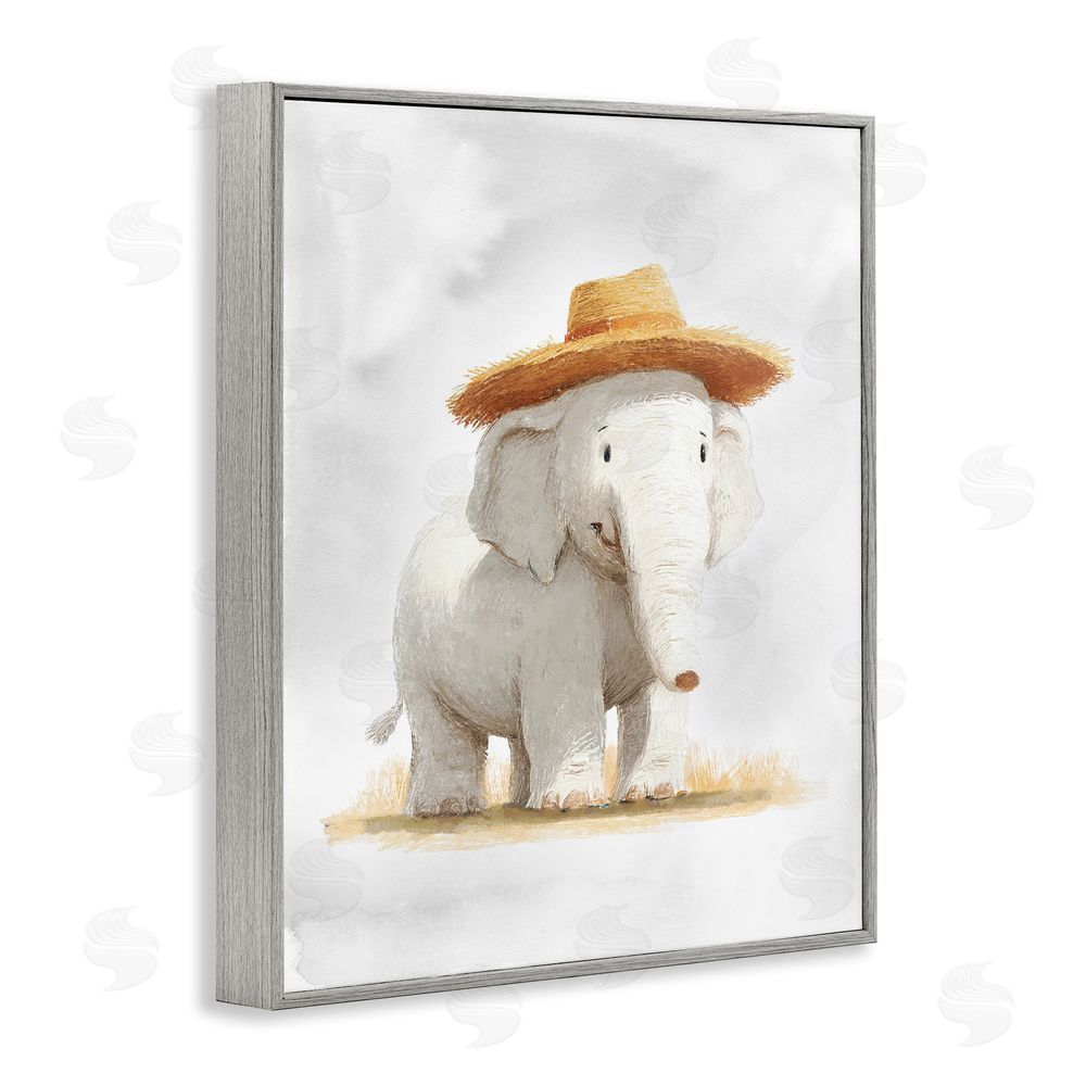 Ziwei Li Elephant In Straw Hat Gray Framed Giclee Wall Art Print