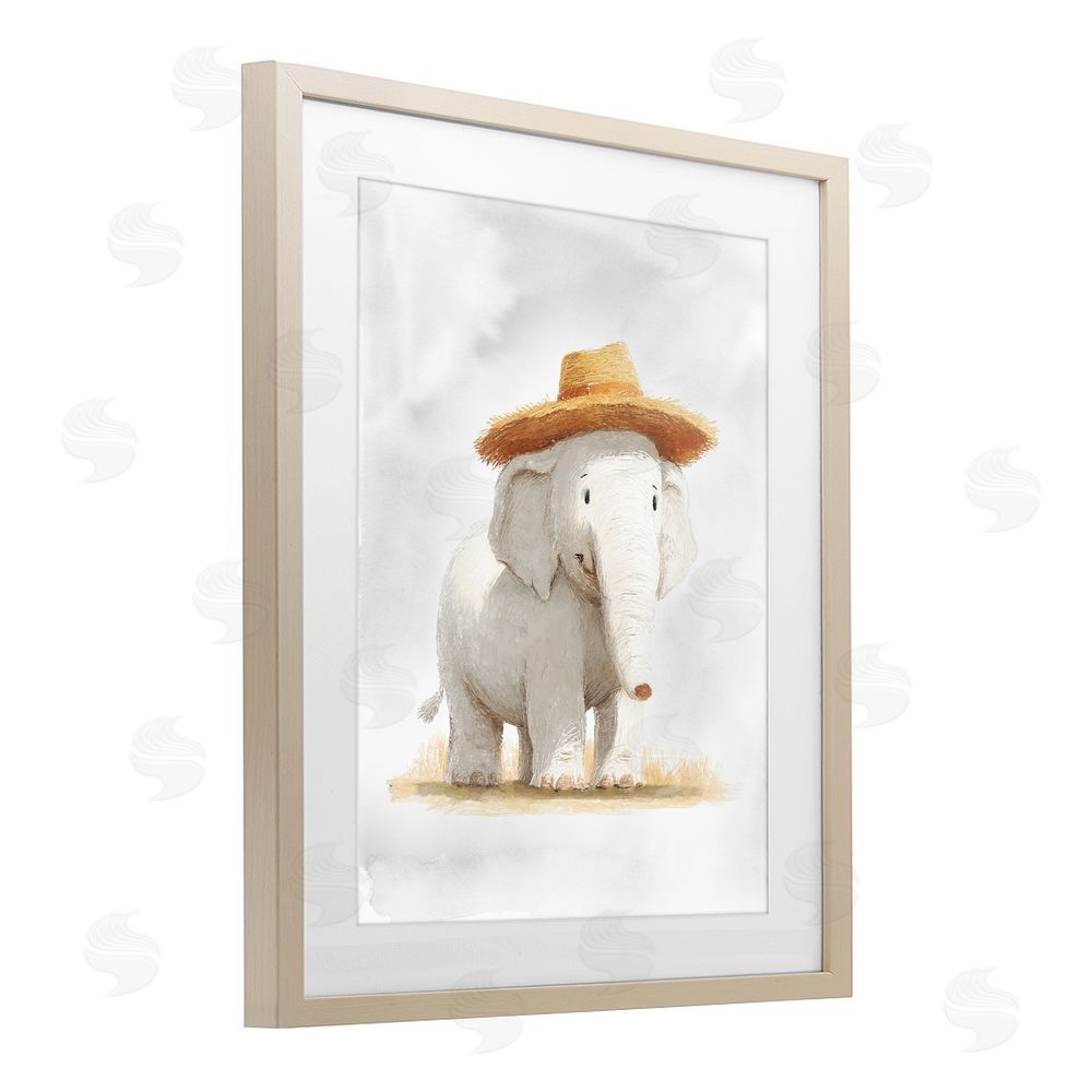 Ziwei Li Elephant In Straw Hat Brown Framed Print Under Glass Wall Art