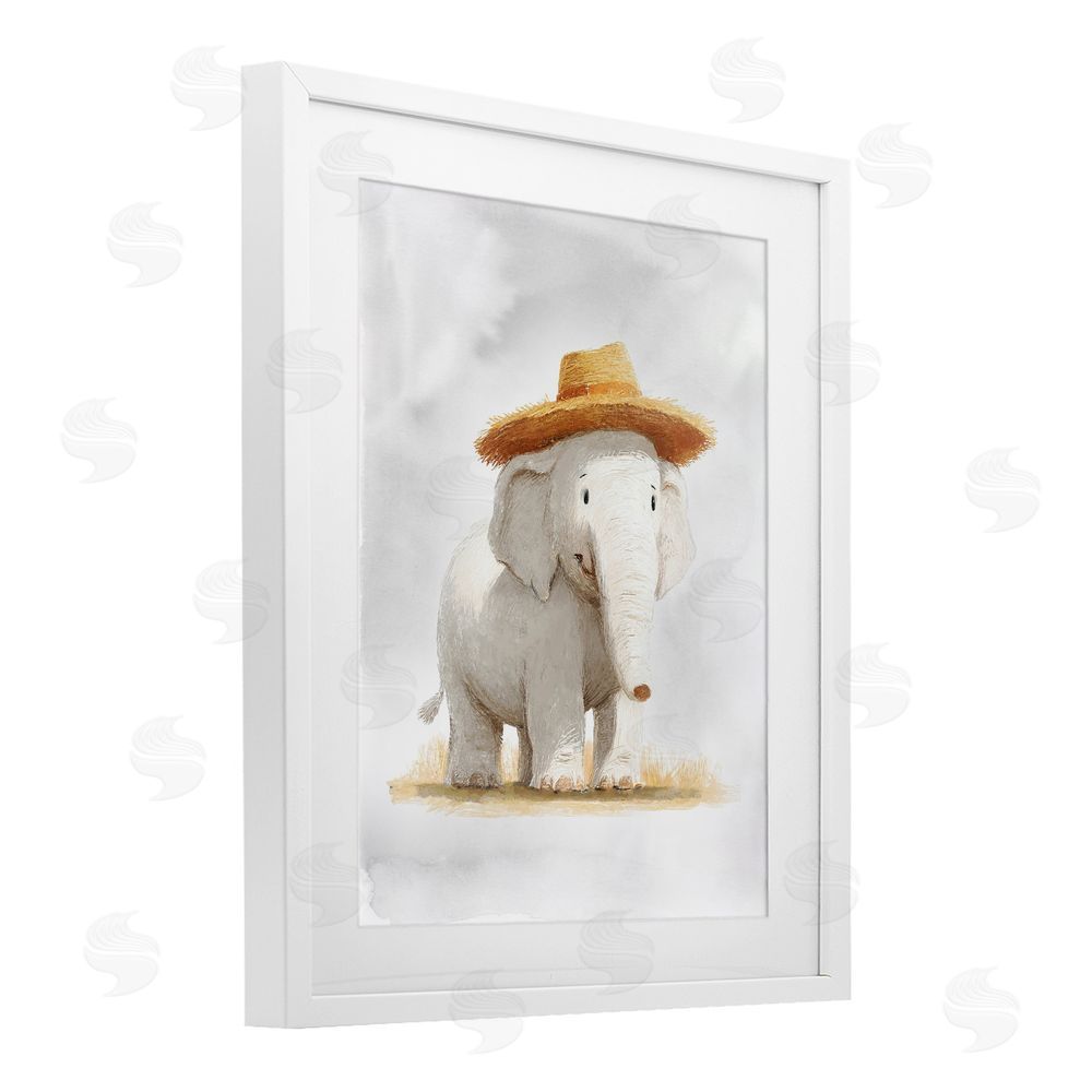 Ziwei Li Elephant In Straw Hat White Framed Print Under Glass Wall Art