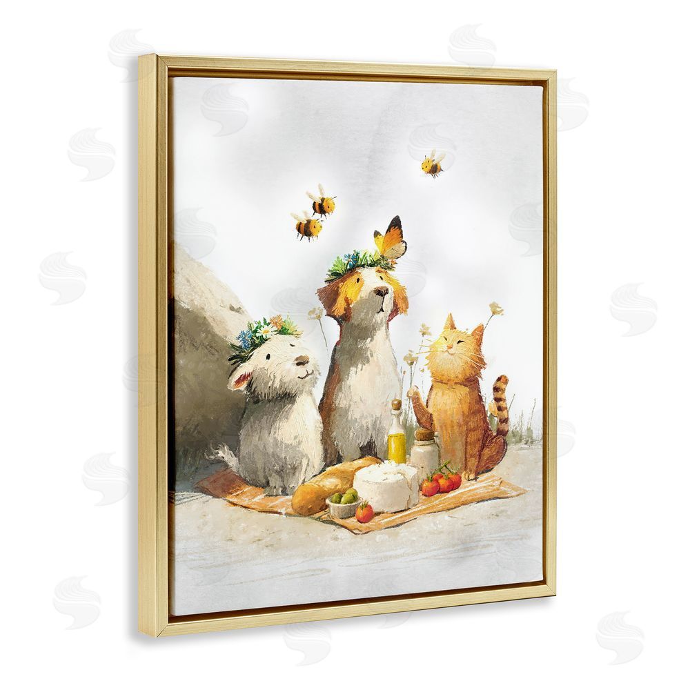 Ziwei Li Spring Picnic with Animal Friends Gold Floating Frame Canvas Wall Art Print