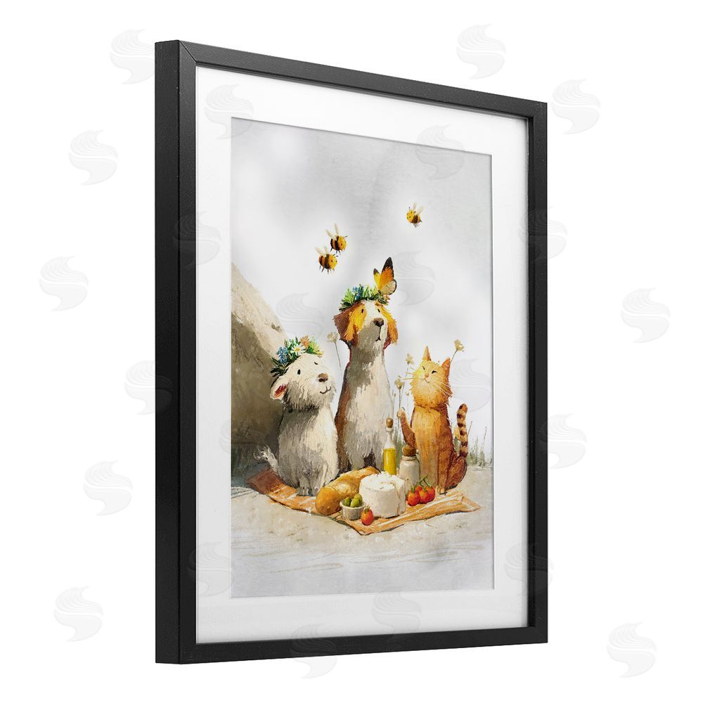 Ziwei Li Spring Picnic with Animal Friends Black Framed Print Under Glass Wall Art