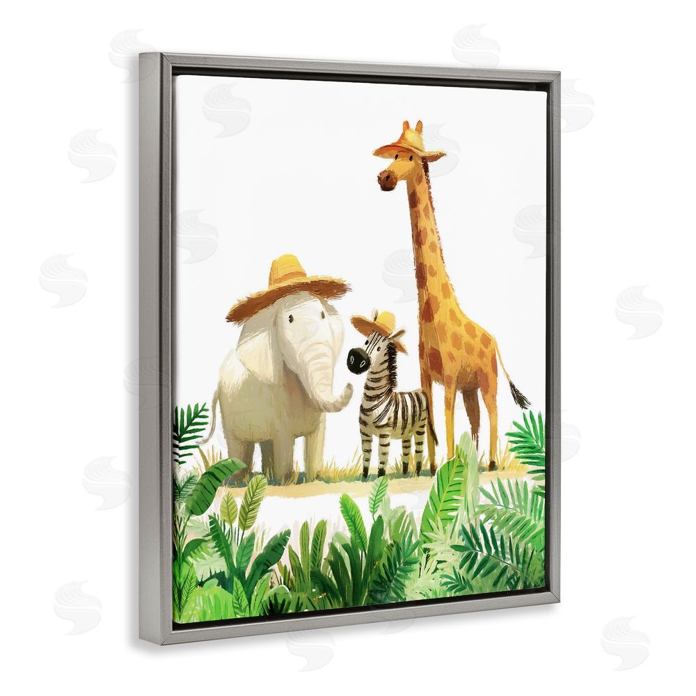 Ziwei Li Safari Trio in Straw Hats Gray Floating Frame Canvas Wall Art Print