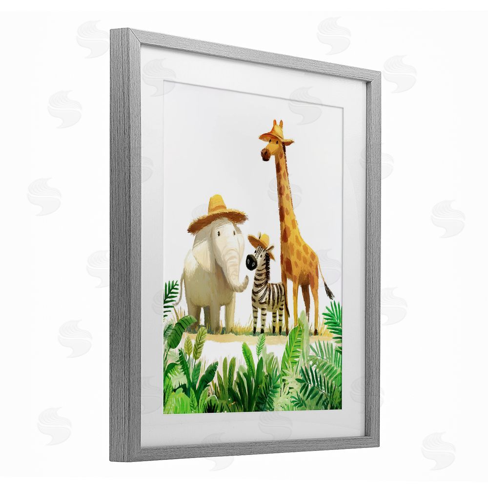 Ziwei Li Safari Trio in Straw Hats Gray Framed Print Under Glass Wall Art