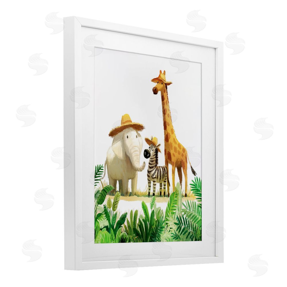 Ziwei Li Safari Trio in Straw Hats White Framed Print Under Glass Wall Art