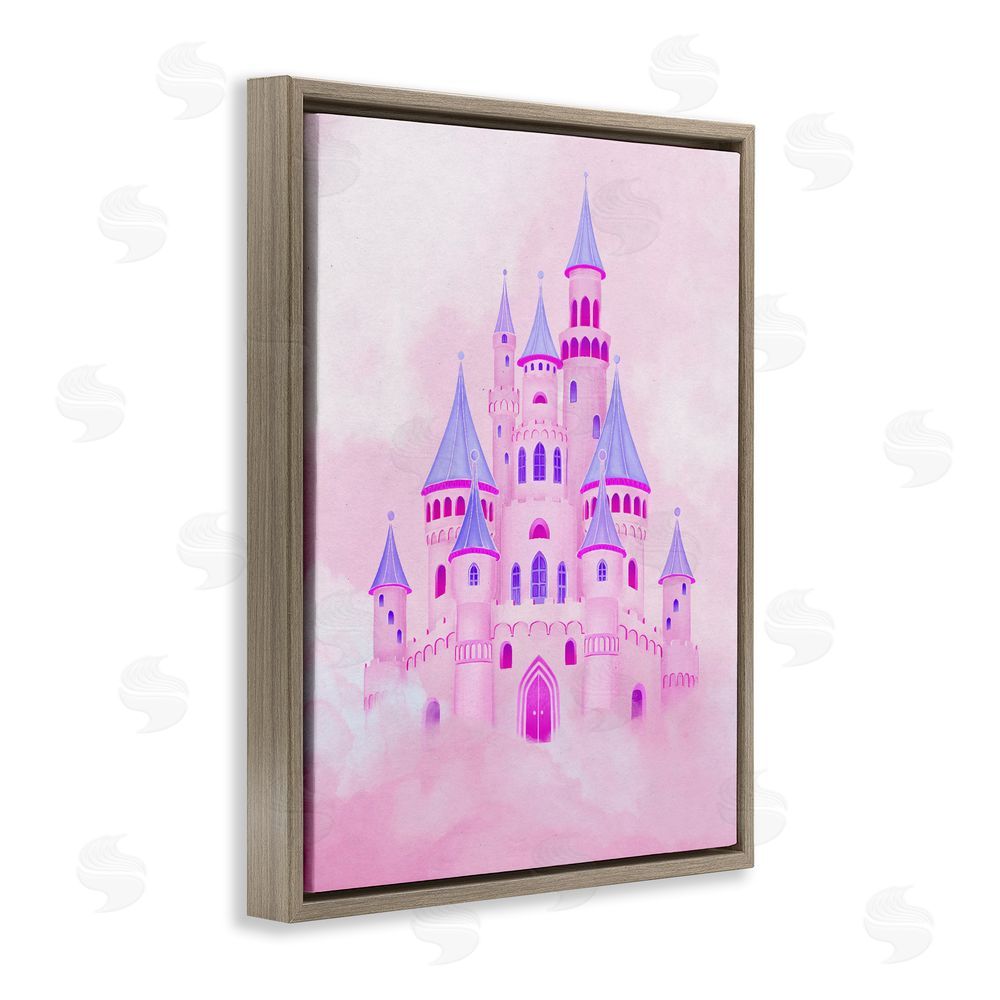 Ziwei Li Pink Fairytale Castle in Clouds Brown Floating Frame Canvas Wall Art Print