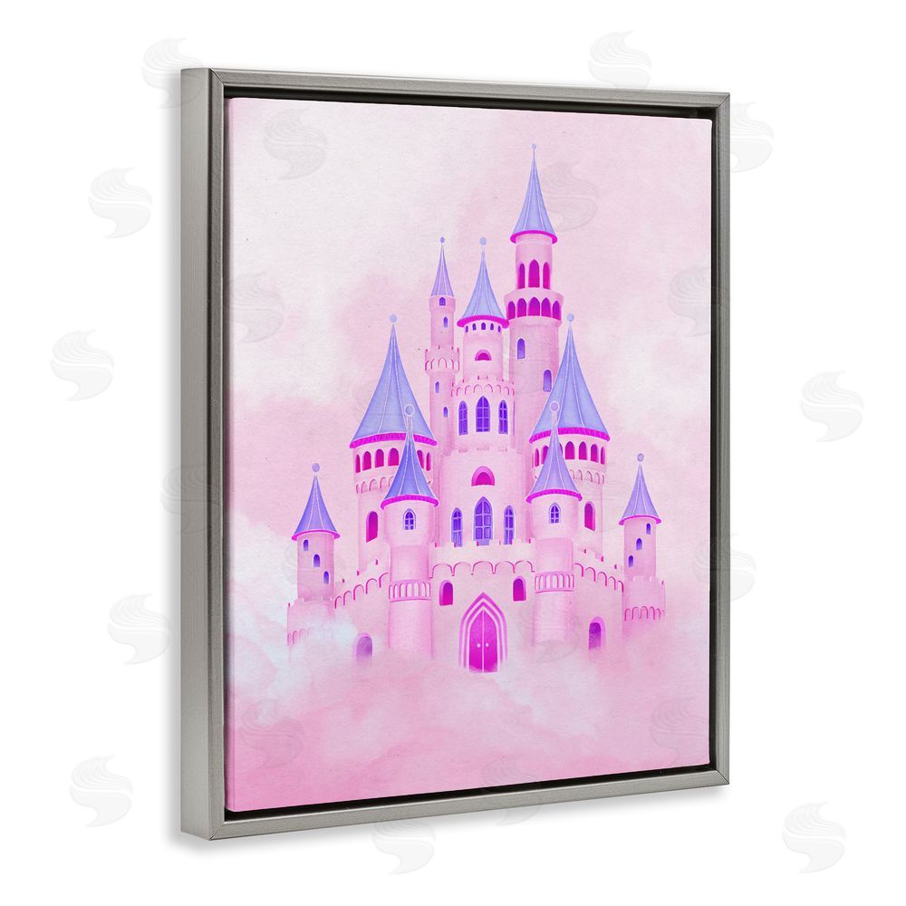 Ziwei Li Pink Fairytale Castle in Clouds Gray Floating Frame Canvas Wall Art Print