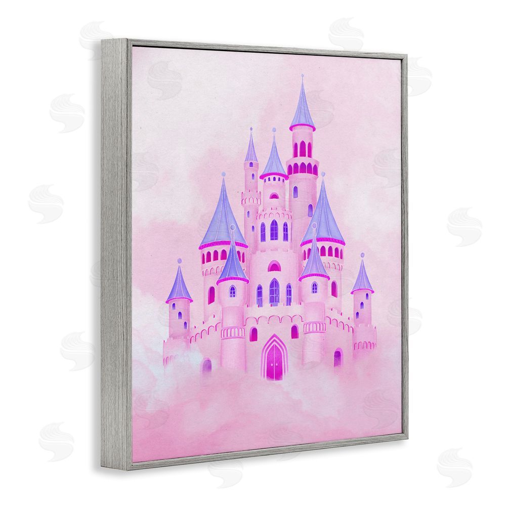 Ziwei Li Pink Fairytale Castle in Clouds Gray Framed Giclee Wall Art Print