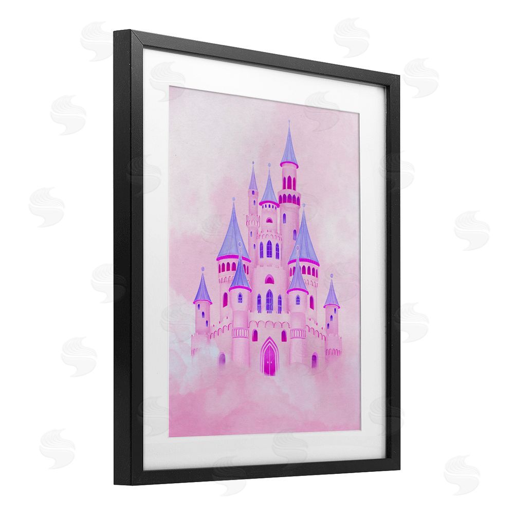 Ziwei Li Pink Fairytale Castle in Clouds Black Framed Print Under Glass Wall Art