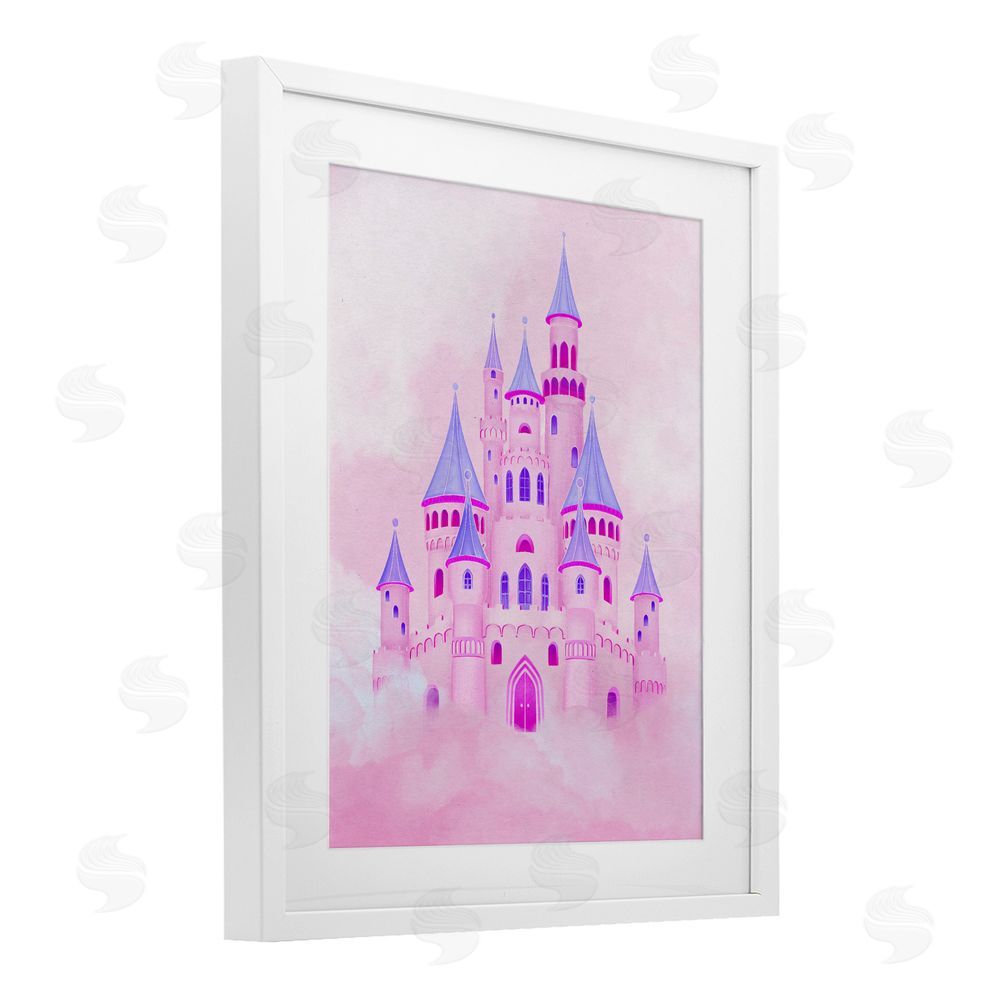 Ziwei Li Pink Fairytale Castle in Clouds White Framed Print Under Glass Wall Art