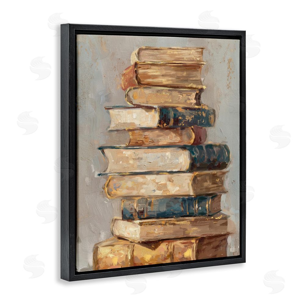 Ziwei Li Antique Stacked Books Black Floating Frame Canvas Wall Art Print