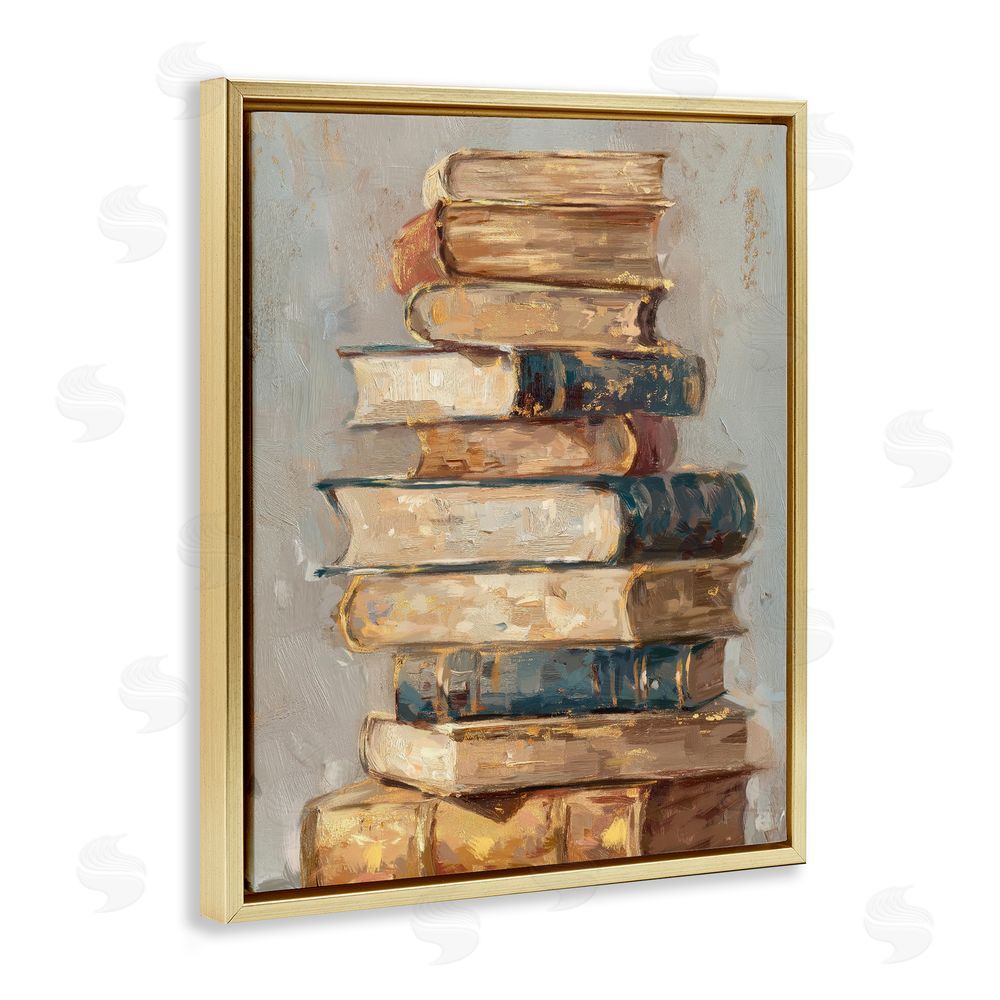 Ziwei Li Antique Stacked Books Gold Floating Frame Canvas Wall Art Print