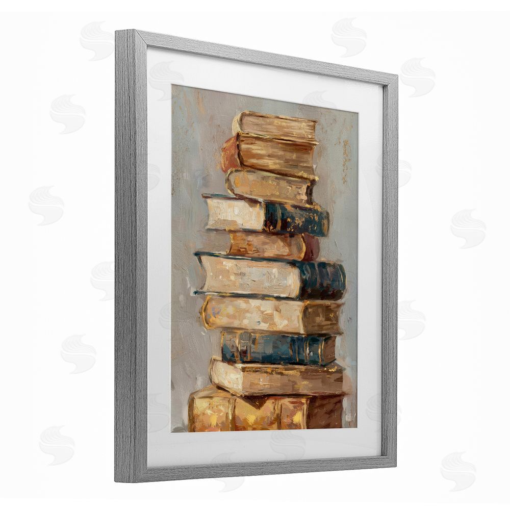 Ziwei Li Antique Stacked Books Gray Framed Print Under Glass Wall Art