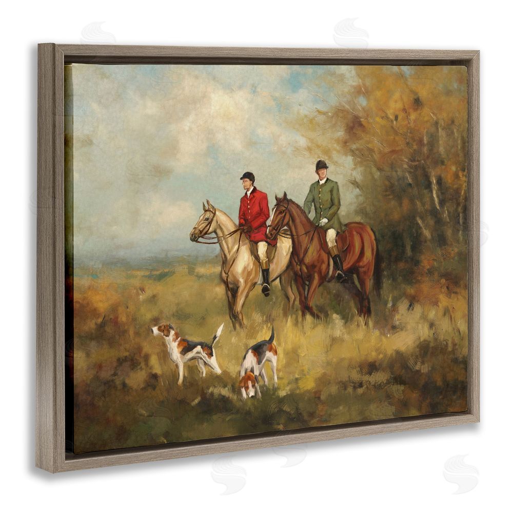 Ziwei Li Autumn Riders with Hounds Brown Floating Frame Stretched Canvas Wall Art Print