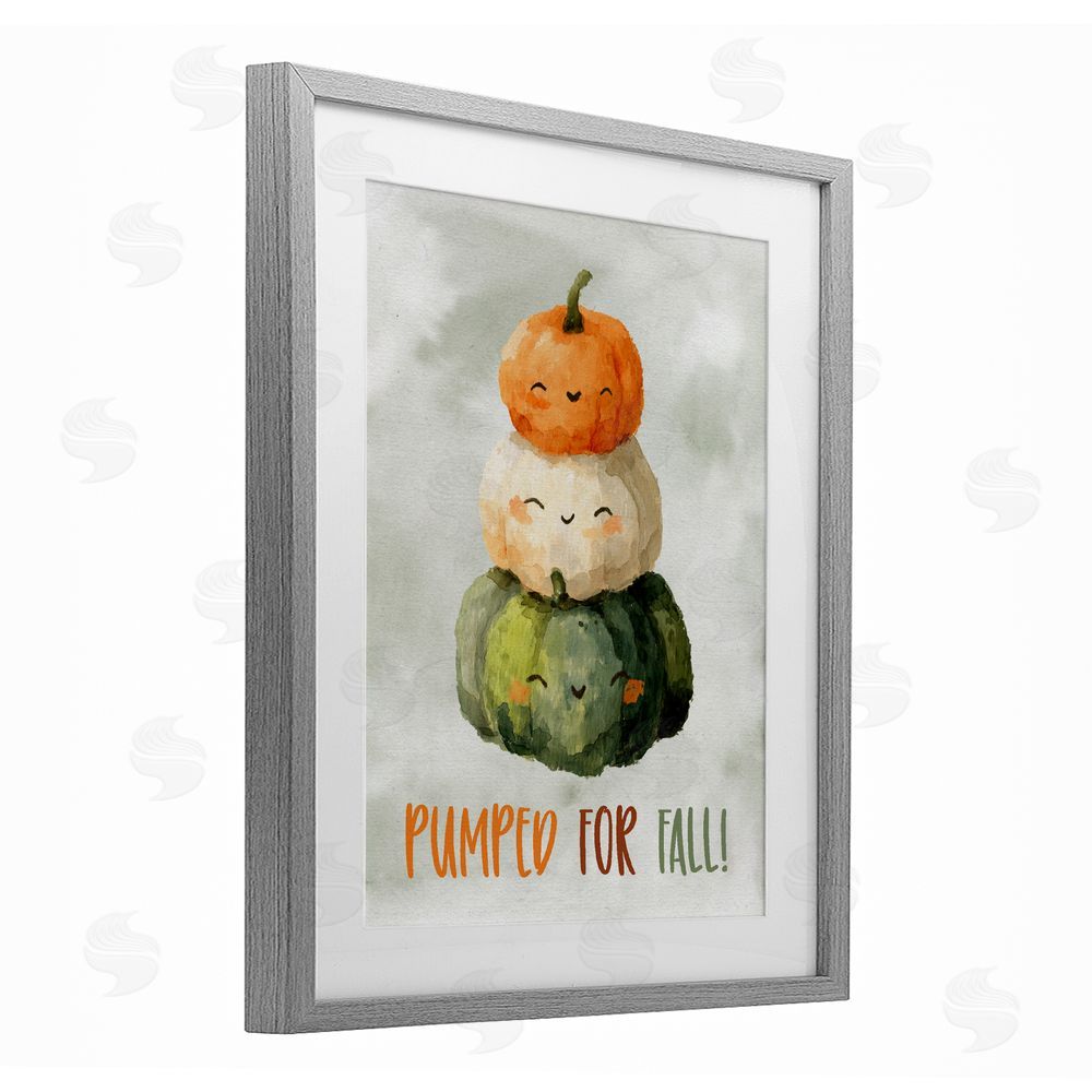 Ziwei Li Smiling Pumpkins Pumped For Fall Gray Framed Print Under Glass with White Mat Wall Art