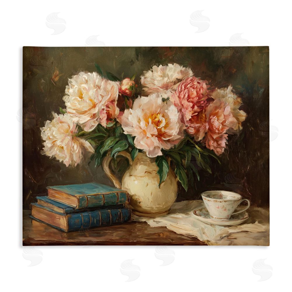 Ziwei Li Peonies Pitcher with Books Stretched Canvas Wall Art Print