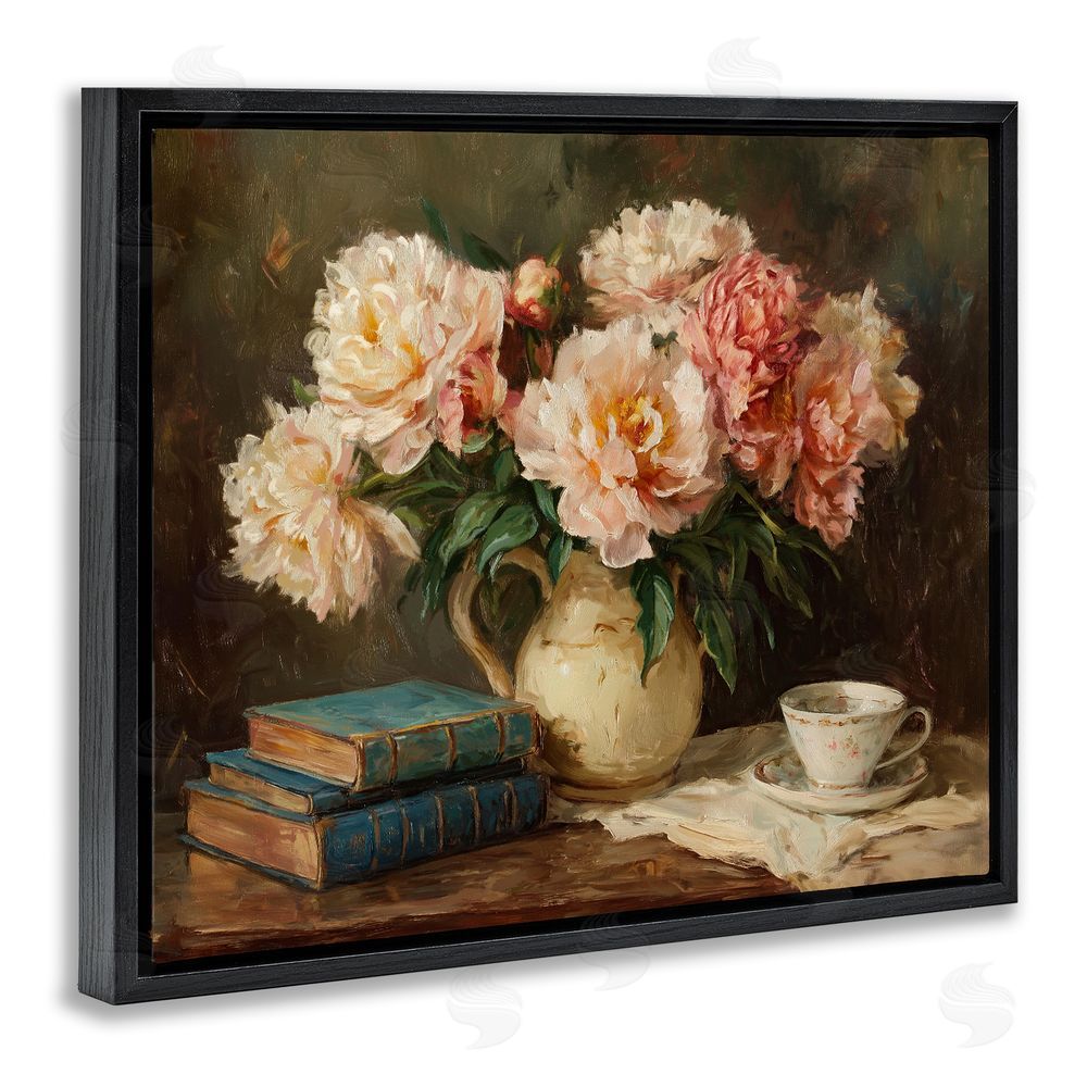 Ziwei Li Peonies Pitcher with Books Black Floating Frame Canvas Wall Art Print