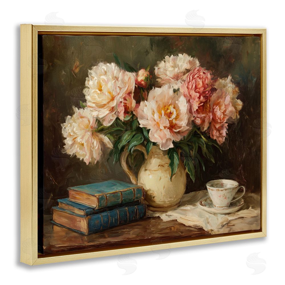 Ziwei Li Peonies Pitcher with Books Gold Floating Frame Canvas Wall Art Print