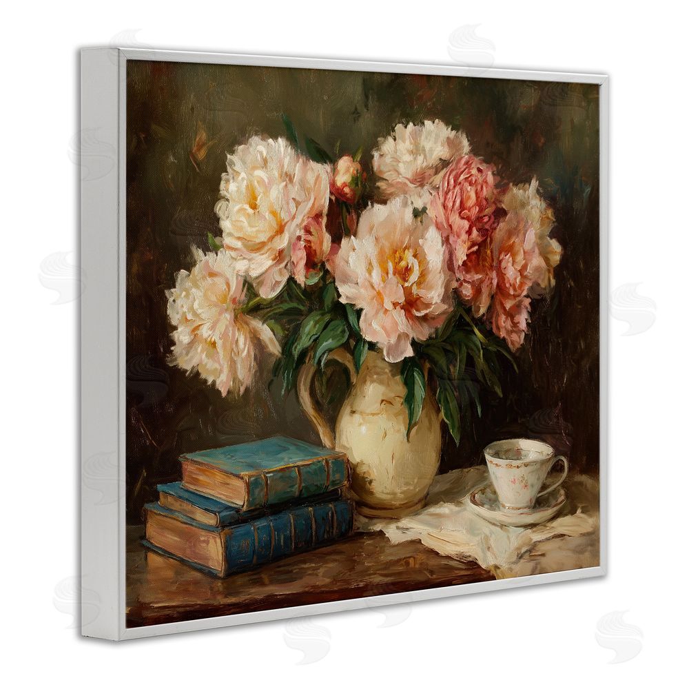 Ziwei Li Peonies Pitcher with Books White Framed Giclee Wall Art Print