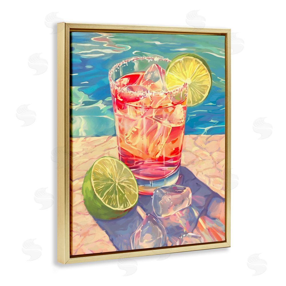 Ziwei Li Refreshing Poolside Cocktail Gold Floating Frame Canvas Wall Art Print