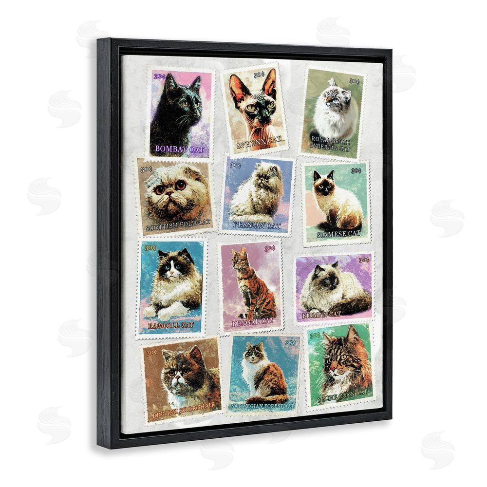 Ziwei Li Twelve Vintage Cat Breed Stamps Black Floating Frame Canvas Wall Art Print