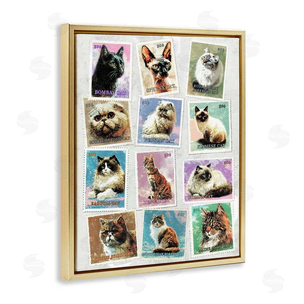 Ziwei Li Twelve Vintage Cat Breed Stamps Gold Floating Frame Canvas Wall Art Print