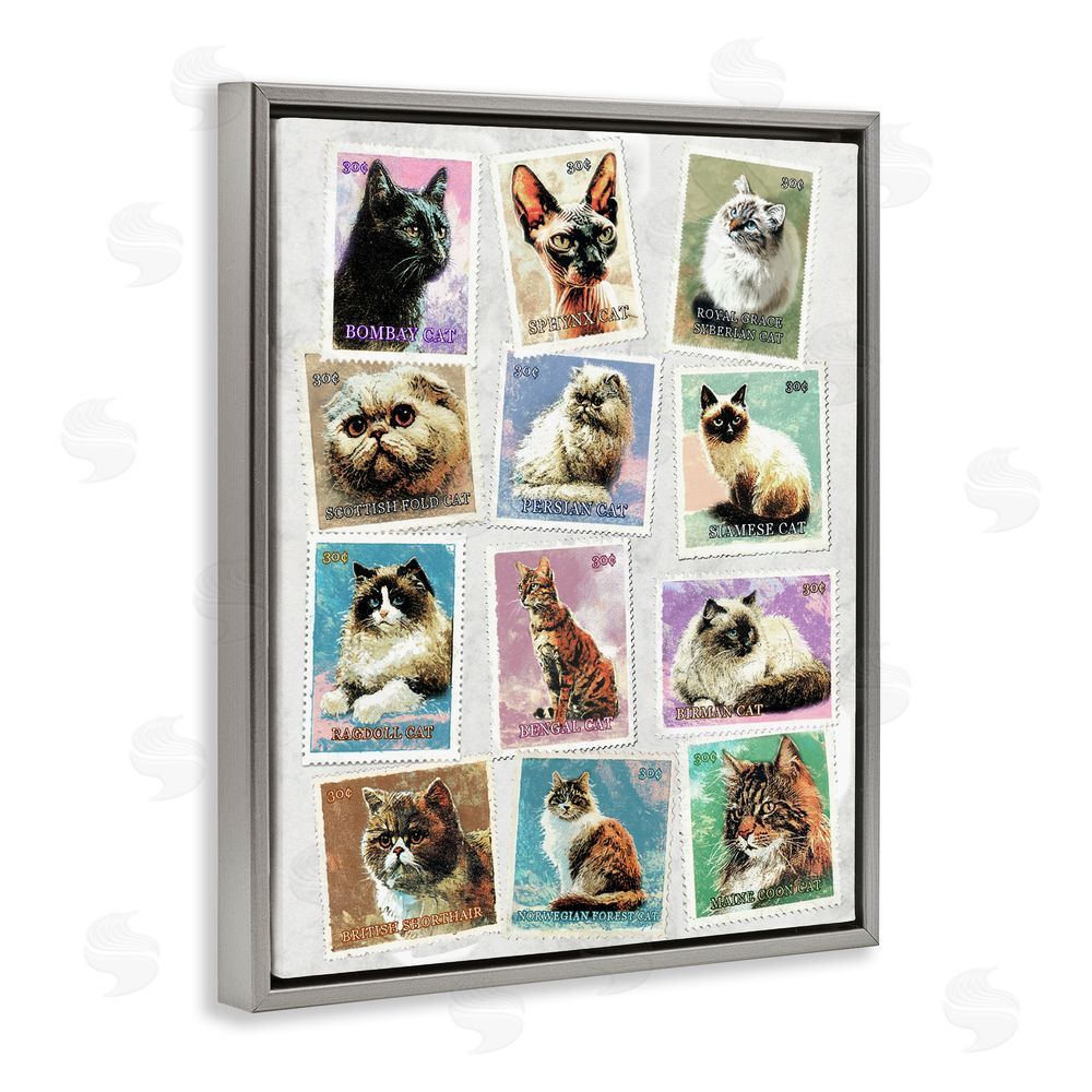 Ziwei Li Twelve Vintage Cat Breed Stamps Gray Floating Frame Canvas Wall Art Print