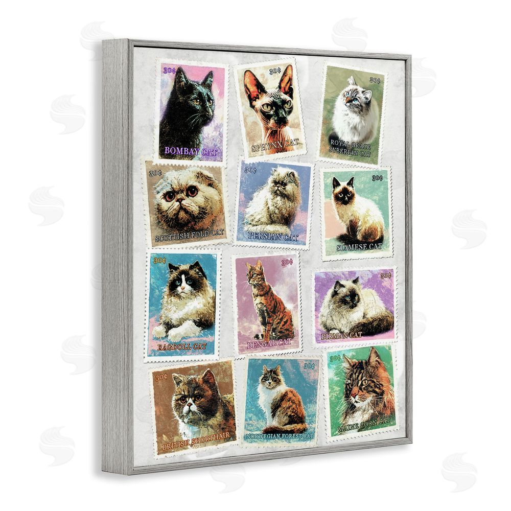 Ziwei Li Twelve Vintage Cat Breed Stamps Gray Framed Giclee Wall Art Print