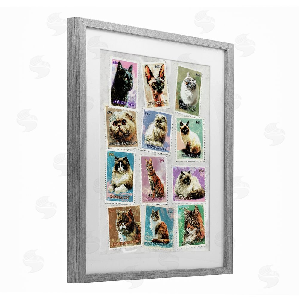 Ziwei Li Twelve Vintage Cat Breed Stamps Gray Framed Print Under Glass Wall Art