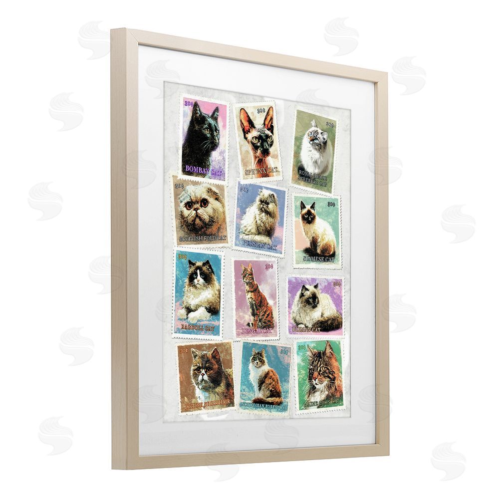 Ziwei Li Twelve Vintage Cat Breed Stamps Brown Framed Print Under Glass Wall Art