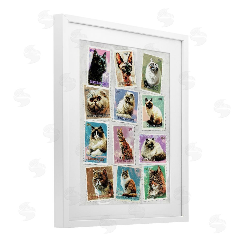 Ziwei Li Twelve Vintage Cat Breed Stamps White Framed Print Under Glass Wall Art