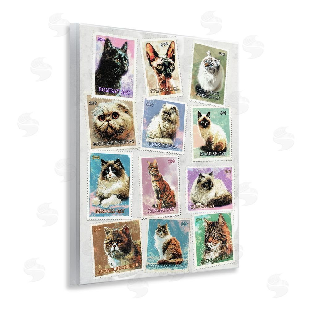 Ziwei Li Twelve Vintage Cat Breed Stamps Wooden Wall Plaque Art Print
