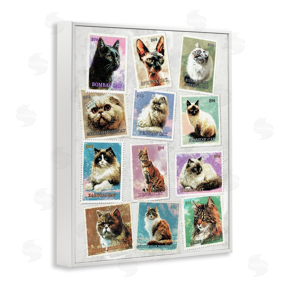 Ziwei Li Twelve Vintage Cat Breed Stamps White Framed Giclee Wall Art Print