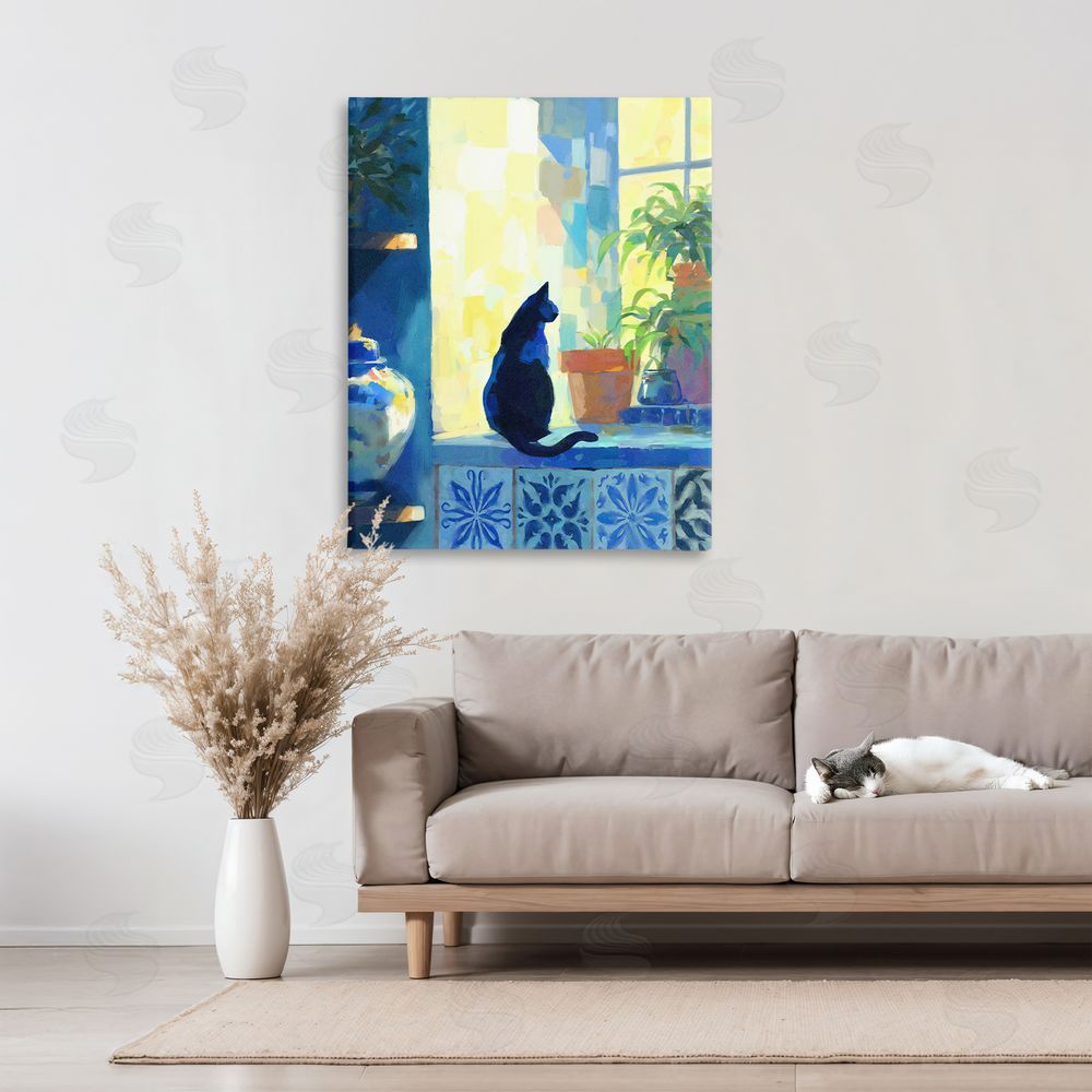 Ziwei Li Sunlit Cat on Tiled Windowsill