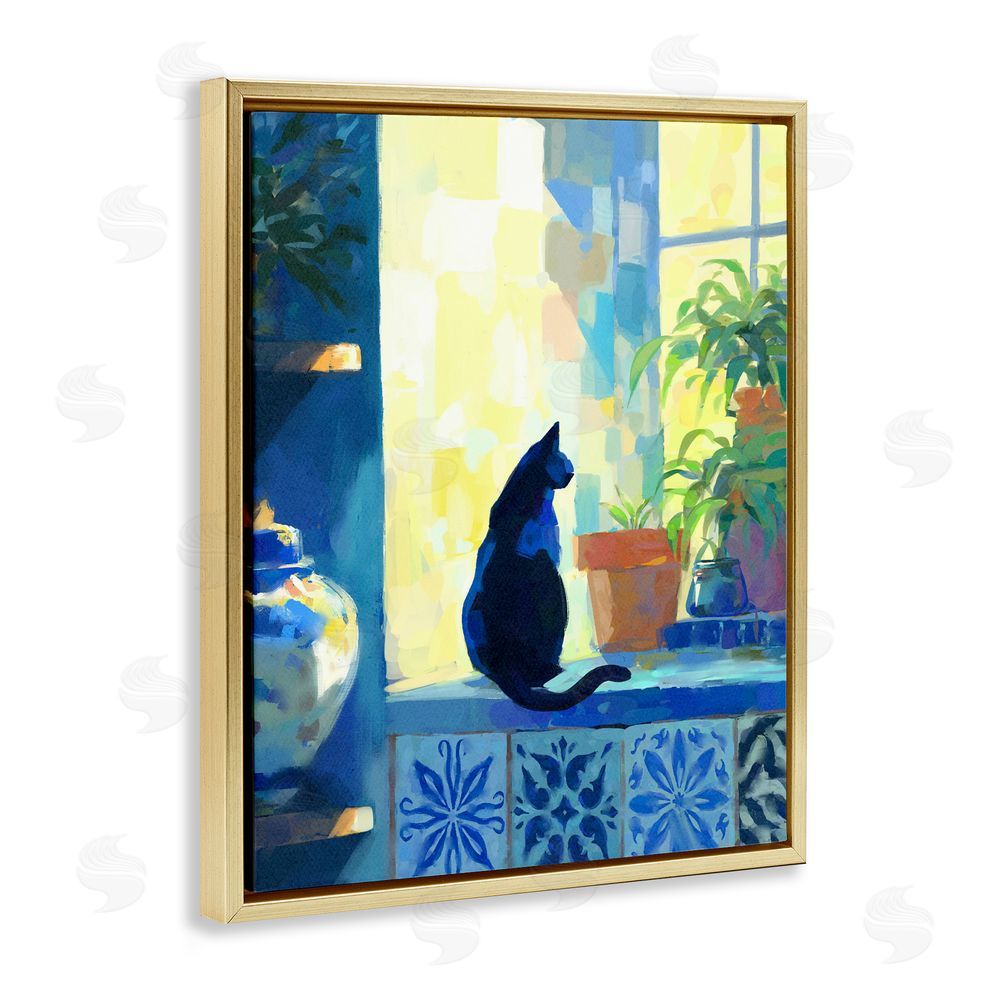 Ziwei Li Sunlit Cat on Tiled Windowsill Gold Floating Frame Canvas Wall Art Print