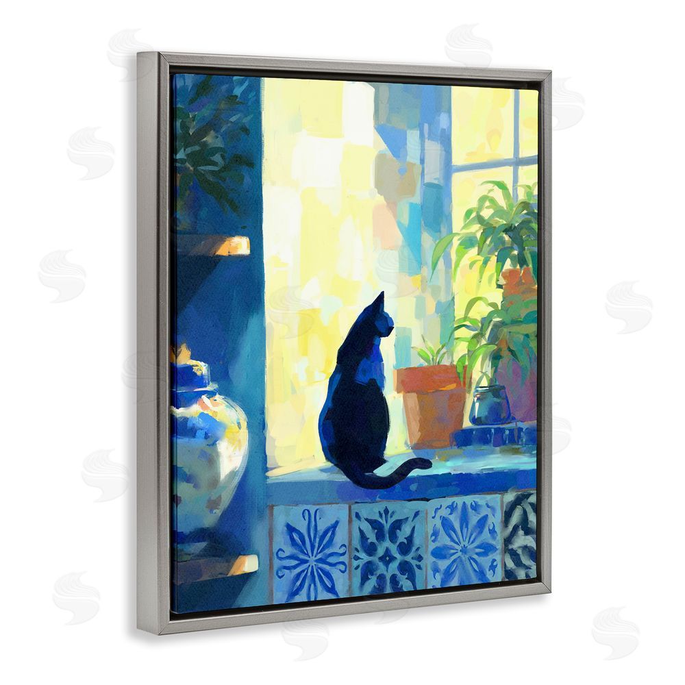 Ziwei Li Sunlit Cat on Tiled Windowsill Gray Floating Frame Canvas Wall Art Print
