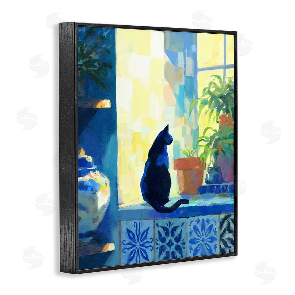 Ziwei Li Sunlit Cat on Tiled Windowsill Black Framed Giclee Wall Art Print
