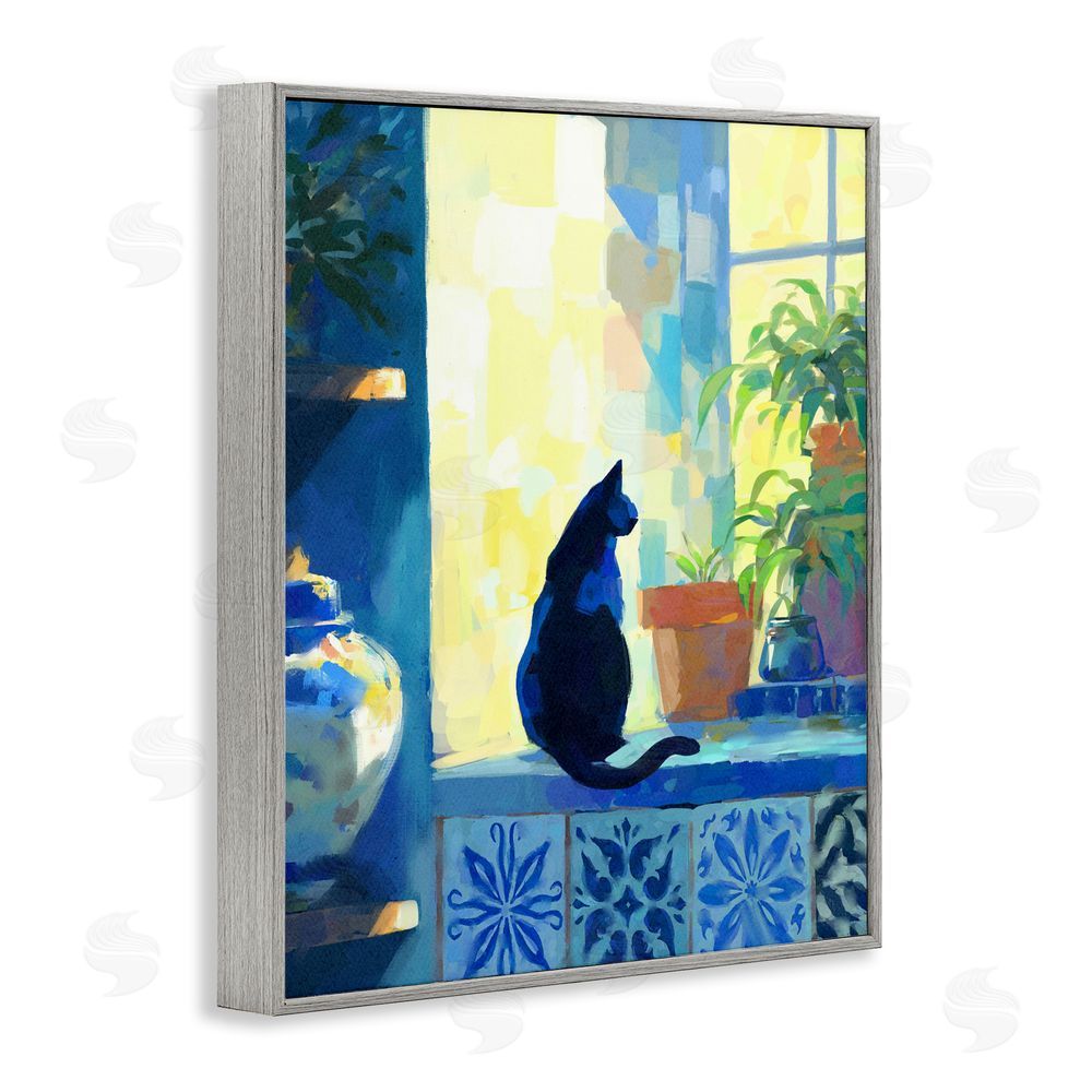 Ziwei Li Sunlit Cat on Tiled Windowsill Gray Framed Giclee Wall Art Print