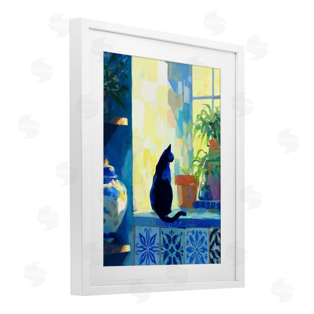 Ziwei Li Sunlit Cat on Tiled Windowsill White Framed Print Under Glass Wall Art