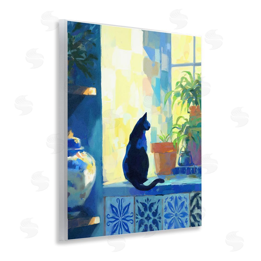 Ziwei Li Sunlit Cat on Tiled Windowsill Wooden Wall Plaque Art Print
