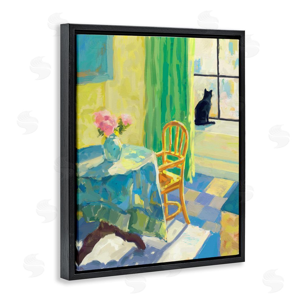 Ziwei Li Cat in Sunny Window Black Floating Frame Canvas Wall Art Print