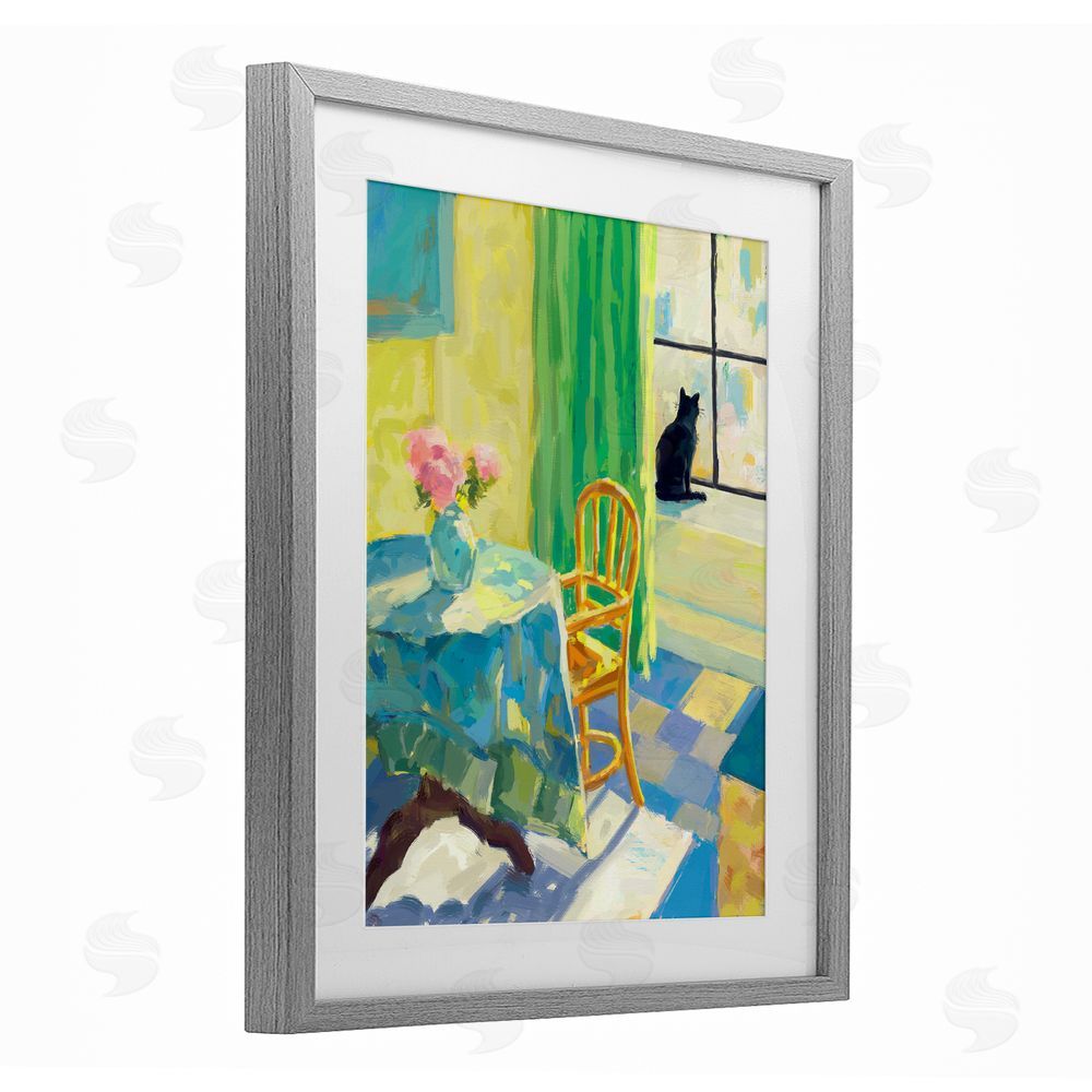 Ziwei Li Cat in Sunny Window Gray Framed Print Under Glass Wall Art