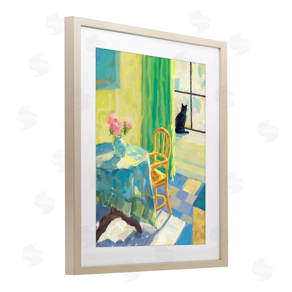 Ziwei Li Cat in Sunny Window Brown Framed Print Under Glass Wall Art