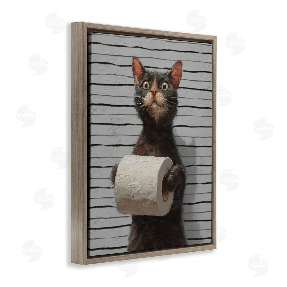 Ziwei Li Cat Portrait with Toilet Paper Brown Floating Frame Canvas Wall Art Print