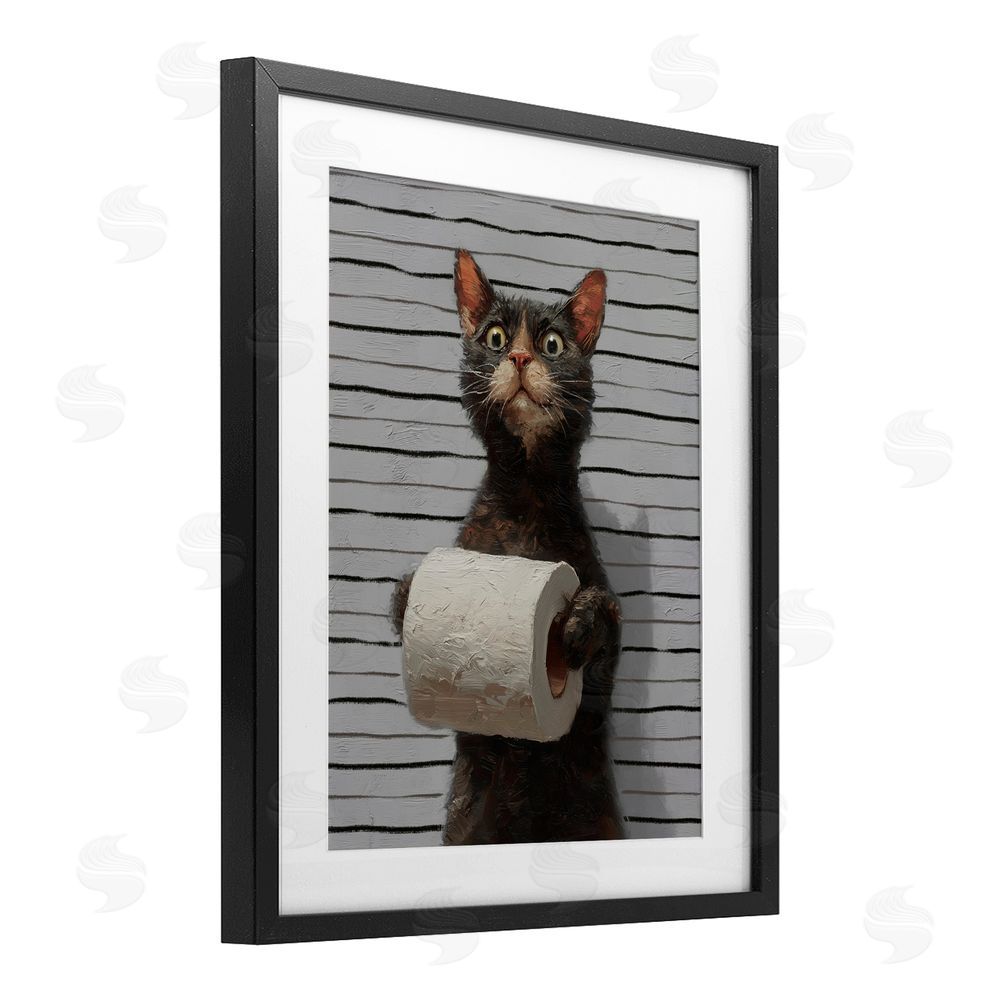 Ziwei Li Cat Portrait with Toilet Paper Black Framed Print Under Glass Wall Art