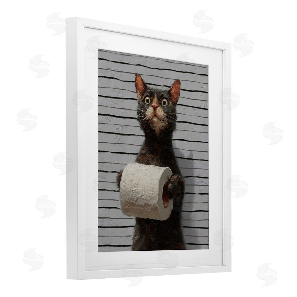 Ziwei Li Cat Portrait with Toilet Paper White Framed Print Under Glass Wall Art